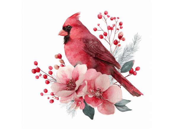 20 JPG Cardinal Floral Watercolor for Illustrations