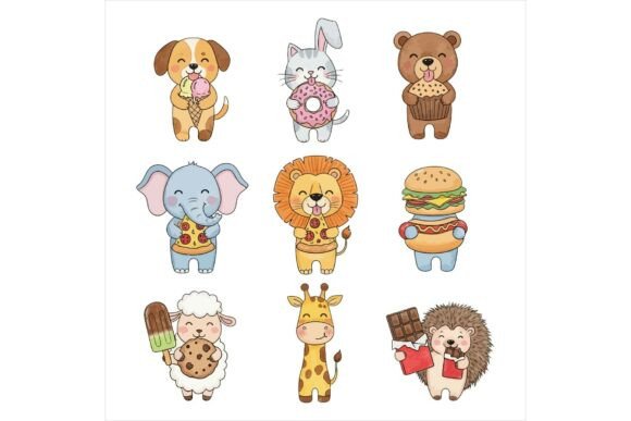 Cute Cartoon Animals Eating Food Illustrations for Handmade Creators