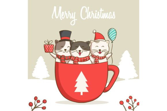 Cute Cats Inside Christmas Cup Illustrations for Content Publishing