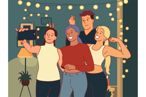 People Group Take Selfie. Joyful Friends – A Vibrant Illustration for Creative Projects