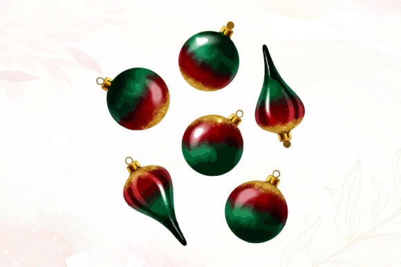 Watercolor Christmas Baubles with Gold Illustrations