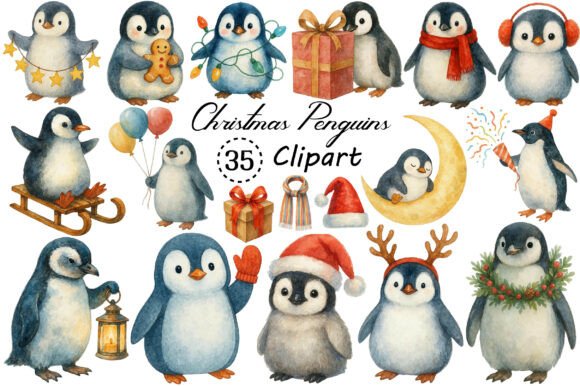 Watercolor Cute Christmas Penguins PNG for Local Business Branding Freebies