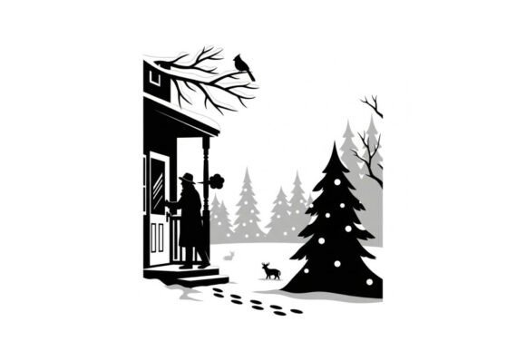 Winter Scene Silhouette with Christmas Tree Illustrations
